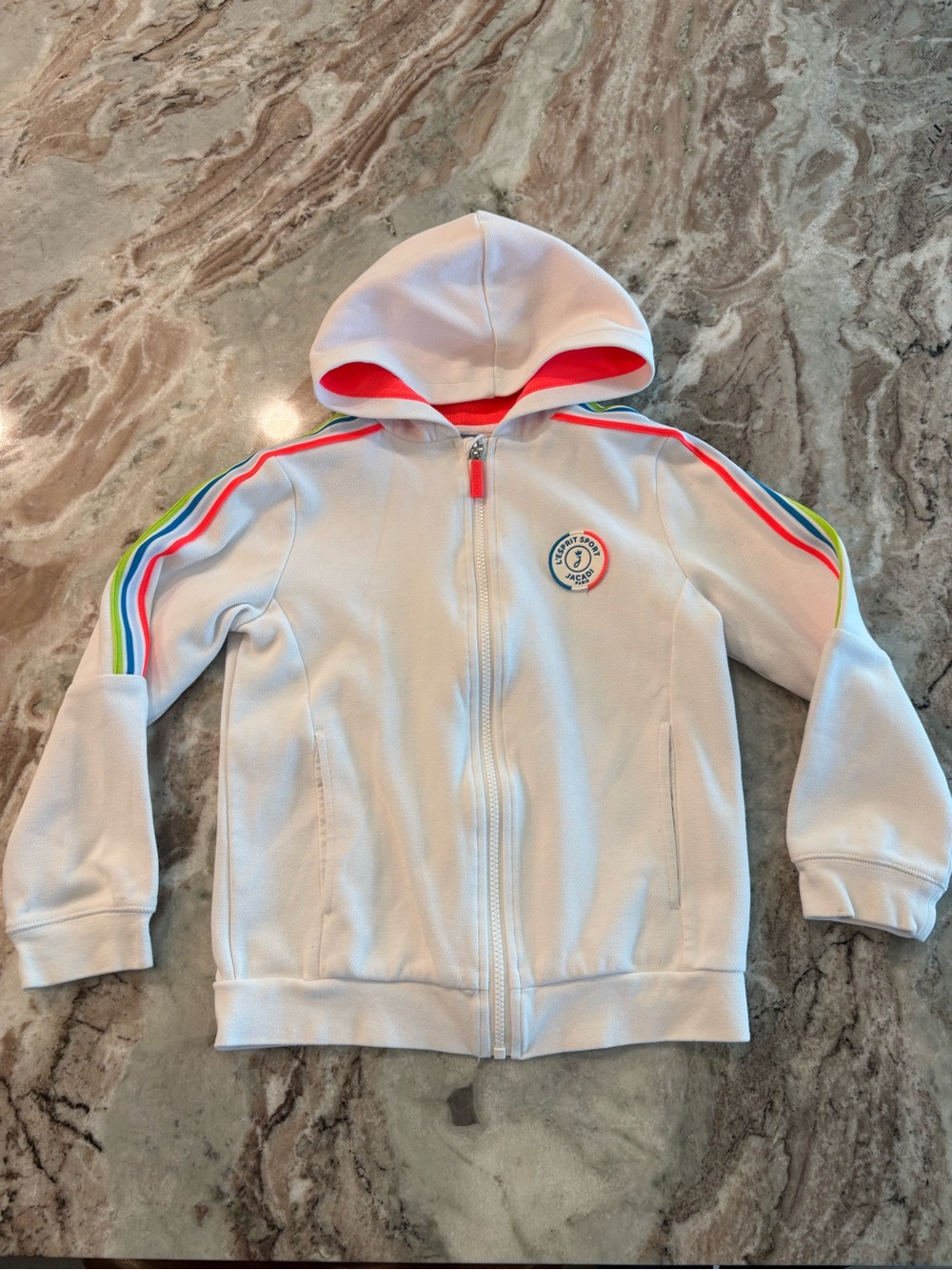 Jacadi Paris White Zip Up Hoodie Neon Strip Mesh Lined Lightweight Girls 10